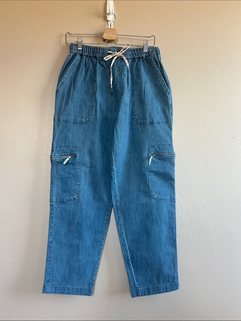 Downeast Women’s Casual Drawstring Wide Leg Denim Cargo Pants- Blue. Size Medium